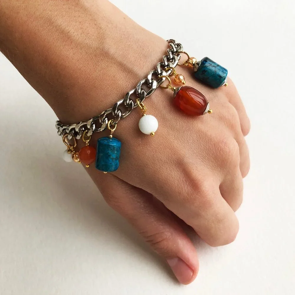 Chunky charm bracelet, curb chain bracelet silver